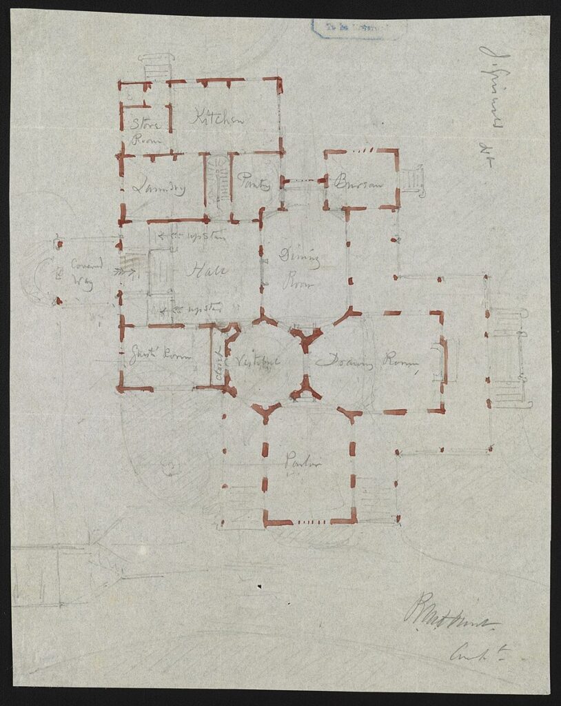 Plano arquitectónico histórico a mano de la planta baja de una vivienda